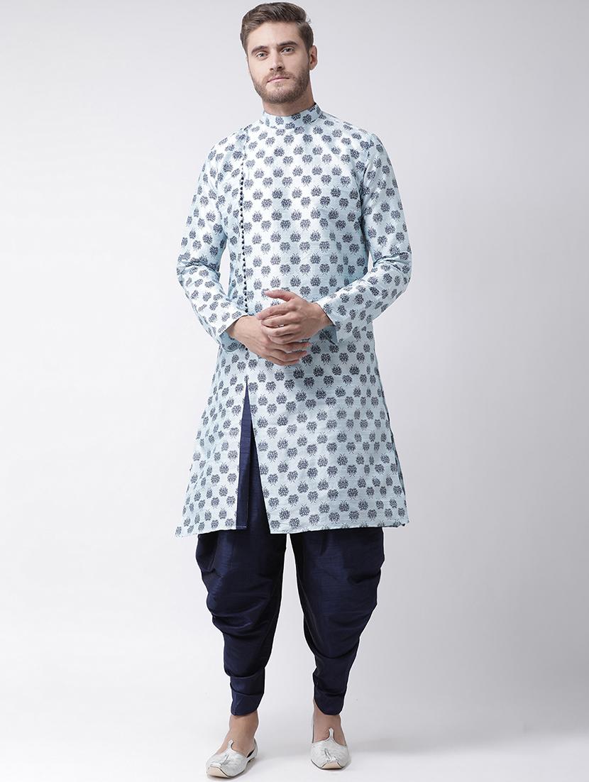 light blue dupion printed dhoti kurta set - 16569601 - Zoom Image - 0