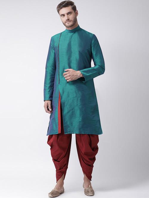 teal green dupion solid dhoti kurta set - 16569603 -  Standard Image - 0