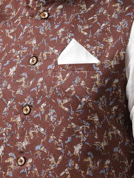white dhoti kurta set with brown printed nehru jacket  - 16569623 -  Standard Image - 3