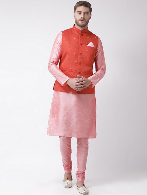 pink kurta pyajama set with green linen printed nehru jacket - 16569624 - Standard Image - 0