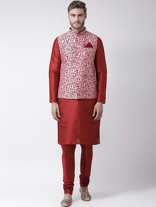 red kurta pyjama set with pink printed nehru jacket  - 16569630 -  Standard Image - 0