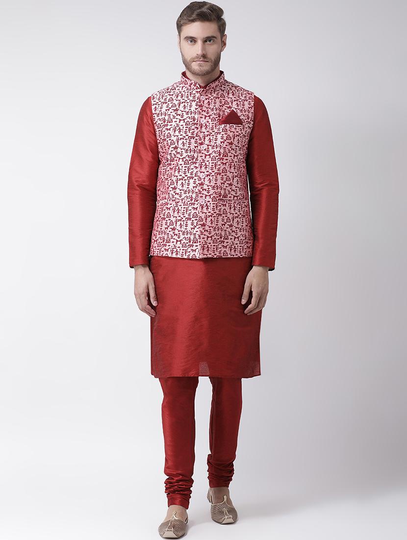 red kurta pyjama set with pink printed nehru jacket  - 16569630 -  Zoom Image - 0