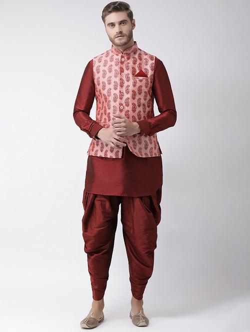 maroon dhoti kurta set with pink printed nehru jacket - 16569633 - Standard Image - 0