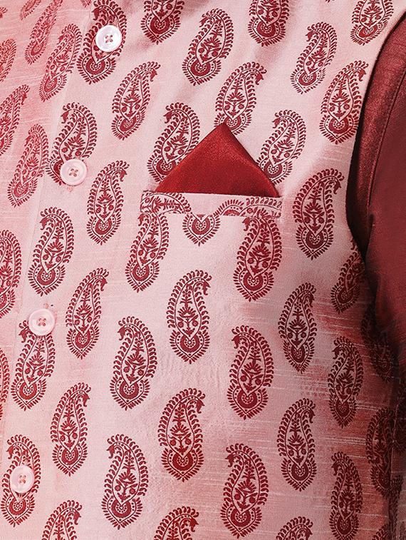 maroon dhoti kurta set with pink printed nehru jacket - 16569633 - Standard Image - 3