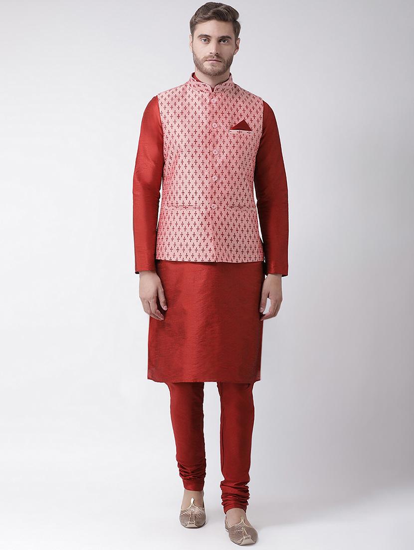 red kurta pyjama set with pink printed nehru jacket - 16569634 - Zoom Image - 0