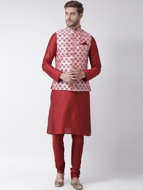 red kurta pyjama set with pink printed nehru jacket  - 16569636 -  Standard Image - 0