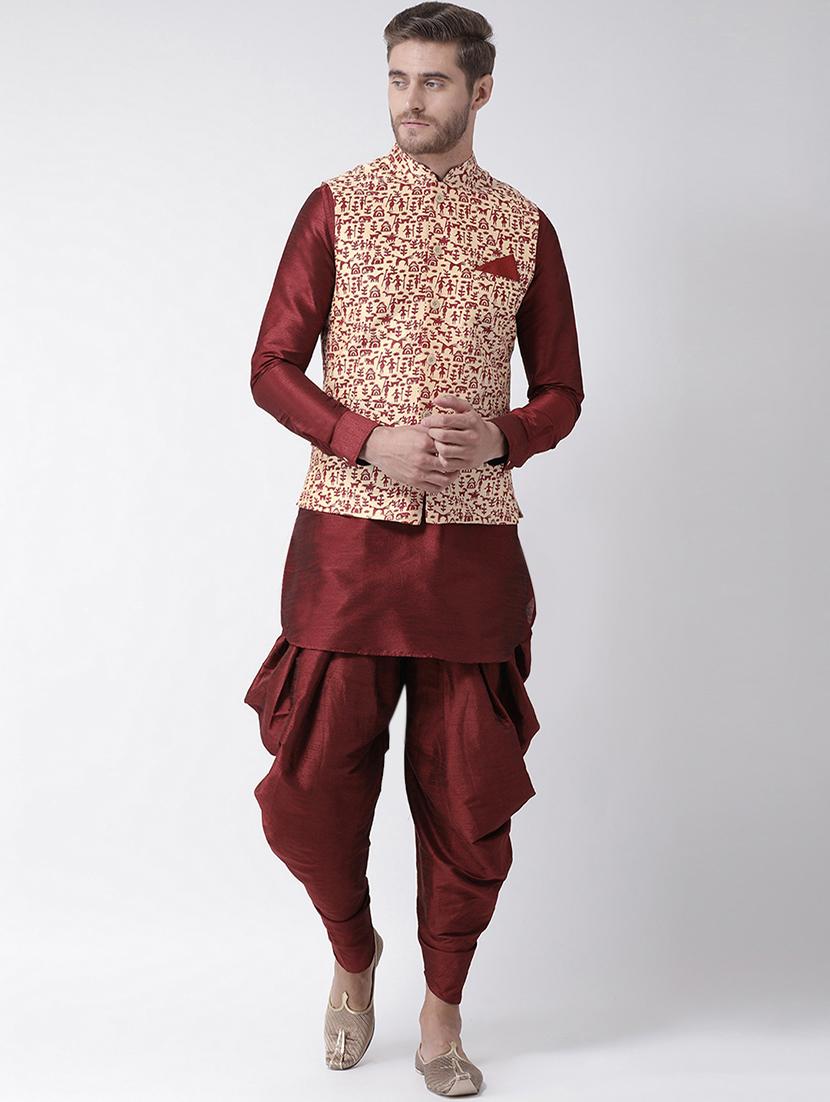 maroon dhoti kurta set with beige printed nehru jacket  - 16569641 -  Zoom Image - 0