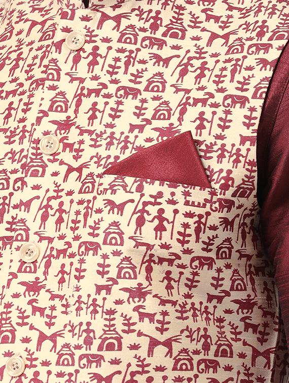 maroon dhoti kurta set with beige printed nehru jacket - 16569641 - Standard Image - 3