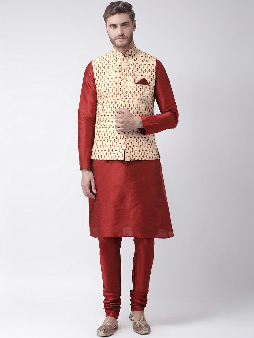 red kurta pyjama set with beige printed nehru jacket  - 16569644 -  Zoom Image - 0
