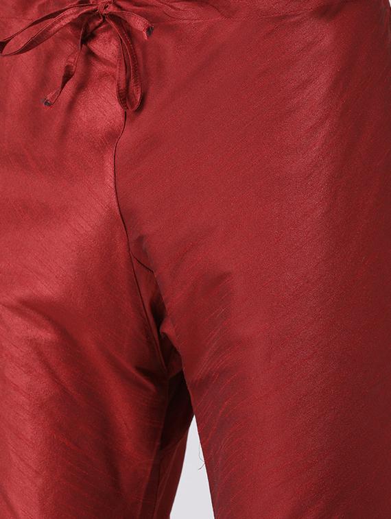 red kurta pyjama set with beige printed nehru jacket - 16569644 - Standard Image - 3