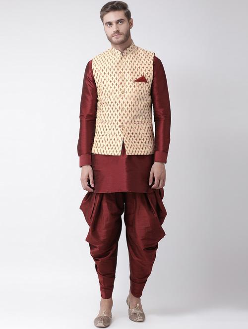 maroon dhoti kurta set with beige printed nehru jacket - 16569645 - Standard Image - 0