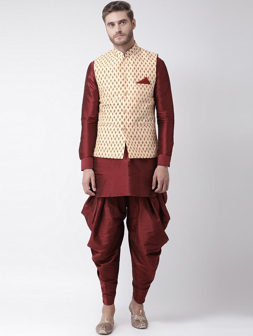 maroon dhoti kurta set with beige printed nehru jacket - 16569645 - Zoom Image - 0