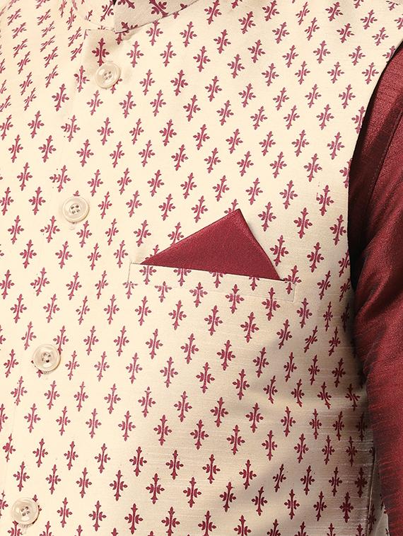 maroon dhoti kurta set with beige printed nehru jacket - 16569645 - Standard Image - 3