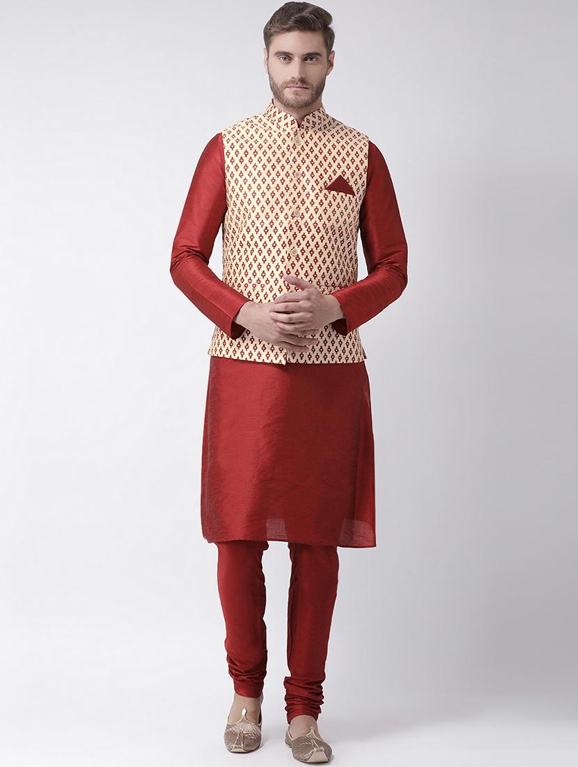 red kurta pyjama set with beige printed nehru jacket - 16569646 - Zoom Image - 0