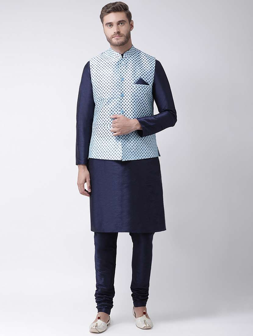 navy blue kurta pyjama set with blue printed nehru jacket  - 16569650 -  Zoom Image - 0