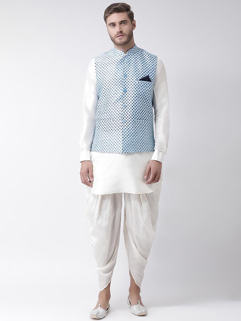 white dhoti kurta set with blue printed nehru jacket - 16569651 - Zoom Image - 0
