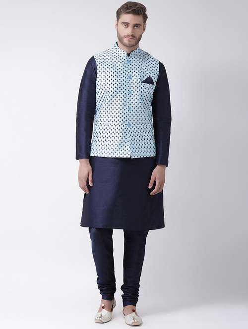 navy blue kurta pyjama set with blue printed nehru jacket  - 16569652 -  Standard Image - 0
