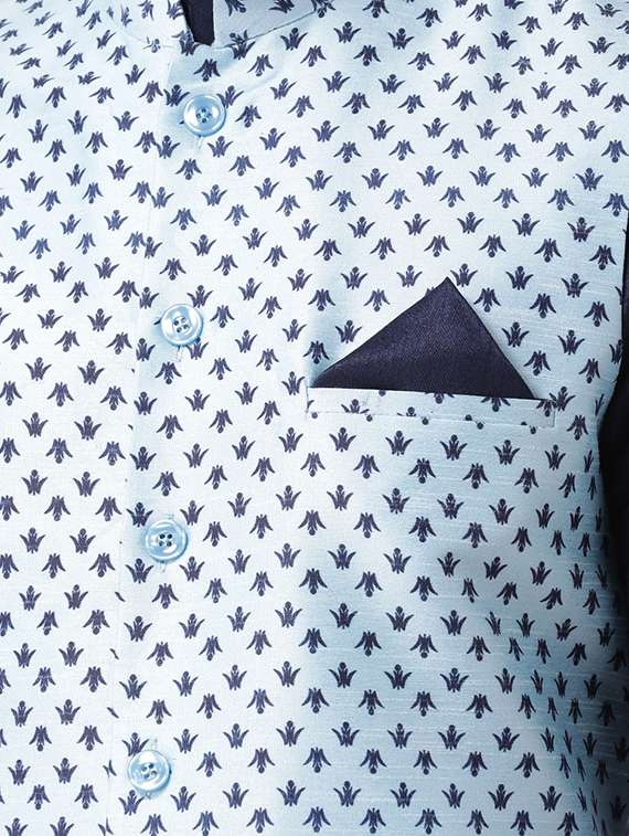navy blue kurta pyjama set with blue printed nehru jacket - 16569652 - Standard Image - 3