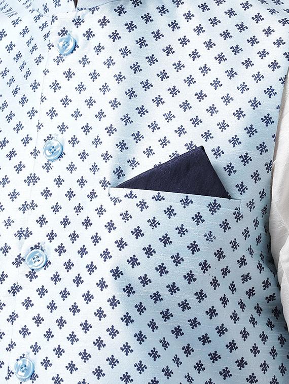 white dhoti kurta set with blue printed nehru jacket - 16569657 - Standard Image - 3