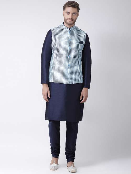 navy blue kurta pyjama set with blue printed nehru jacket  - 16569658 -  Standard Image - 0