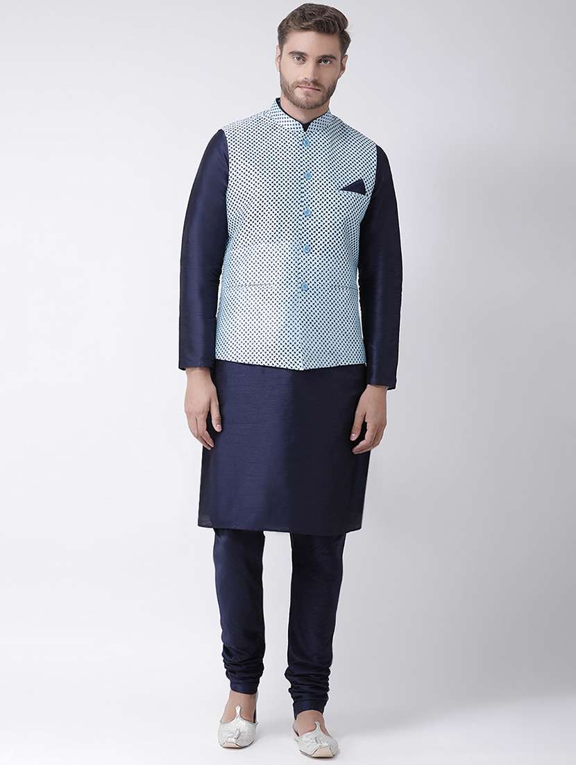 navy blue kurta pyjama set with blue printed nehru jacket  - 16569658 -  Zoom Image - 0
