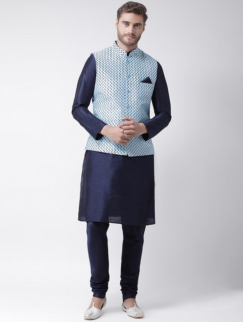 navy blue kurta pyjama set with blue printed nehru jacket - 16569660 - Zoom Image - 0