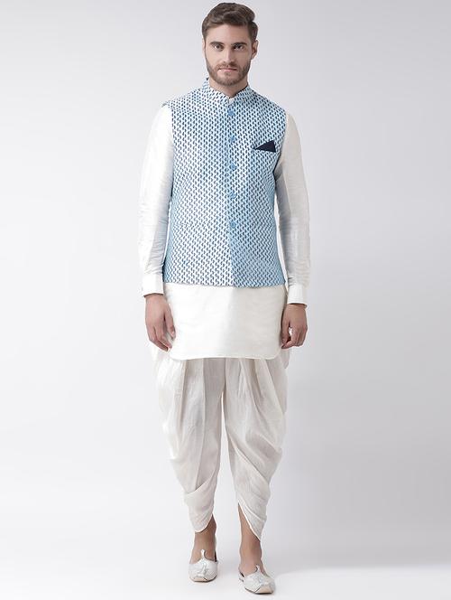 white dhoti kurta set with blue printed nehru jacket - 16569661 - Standard Image - 0