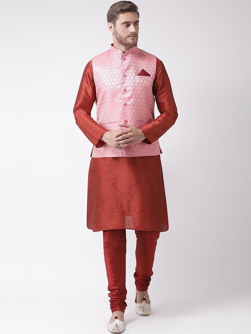 red kurta pyjama set with pink printed nehru jacket - 16569672 - Zoom Image - 0