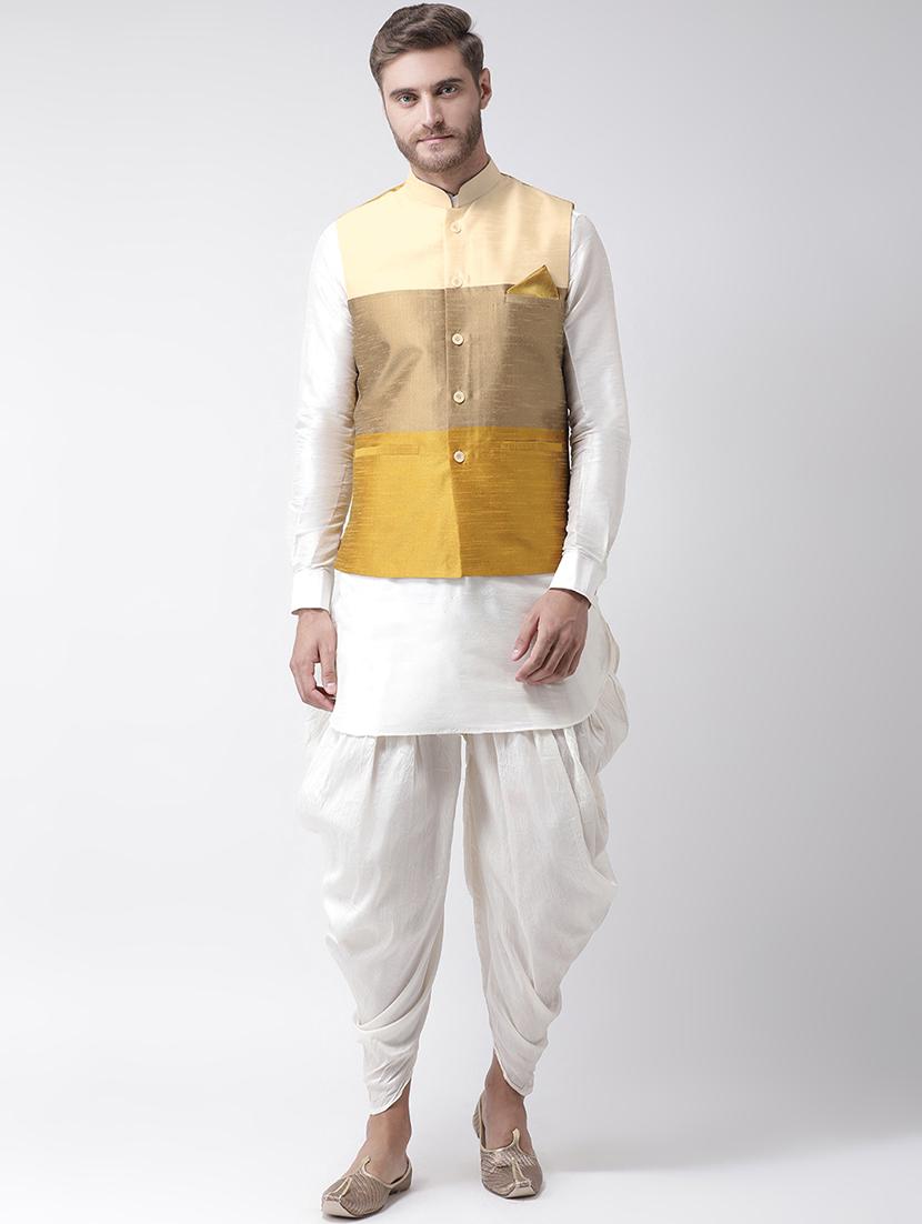 white dhoti kurta set with yellow striped nehru jacket - 16569687 - Zoom Image - 0