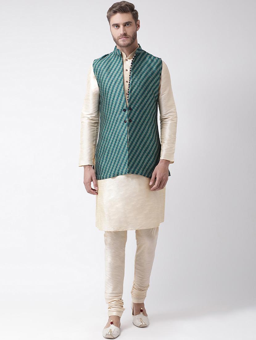 white kurta pyjama set with green jacquard nehru jacket  - 16569691 -  Zoom Image - 0