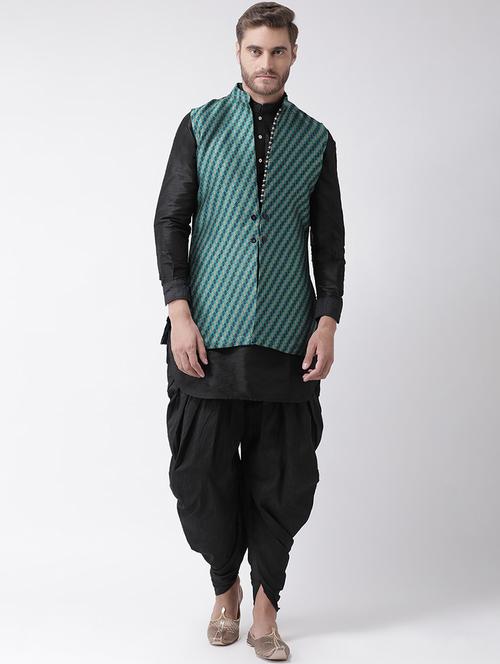black dhoti kurta set with green jacquard nehru jacket - 16569692 -  Standard Image - 0