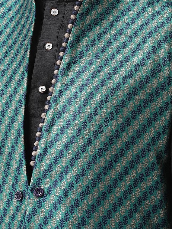 black dhoti kurta set with green jacquard nehru jacket - 16569692 - Standard Image - 3