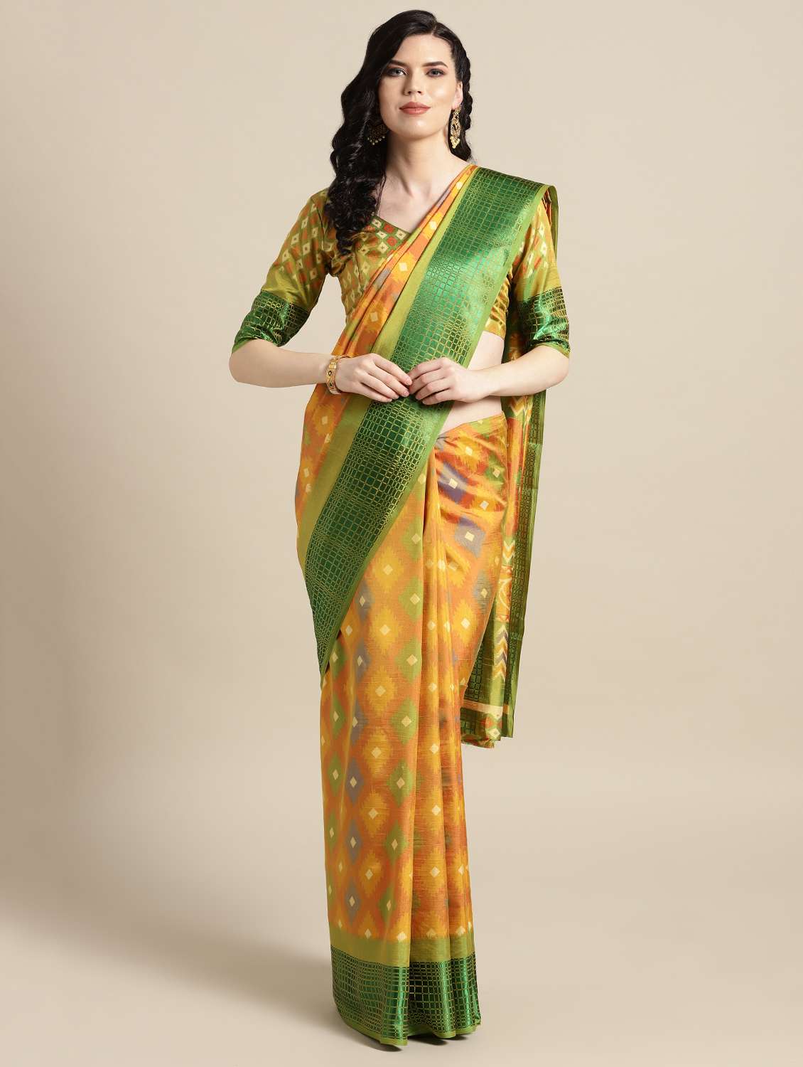 geometric printed bordered saree with blouse