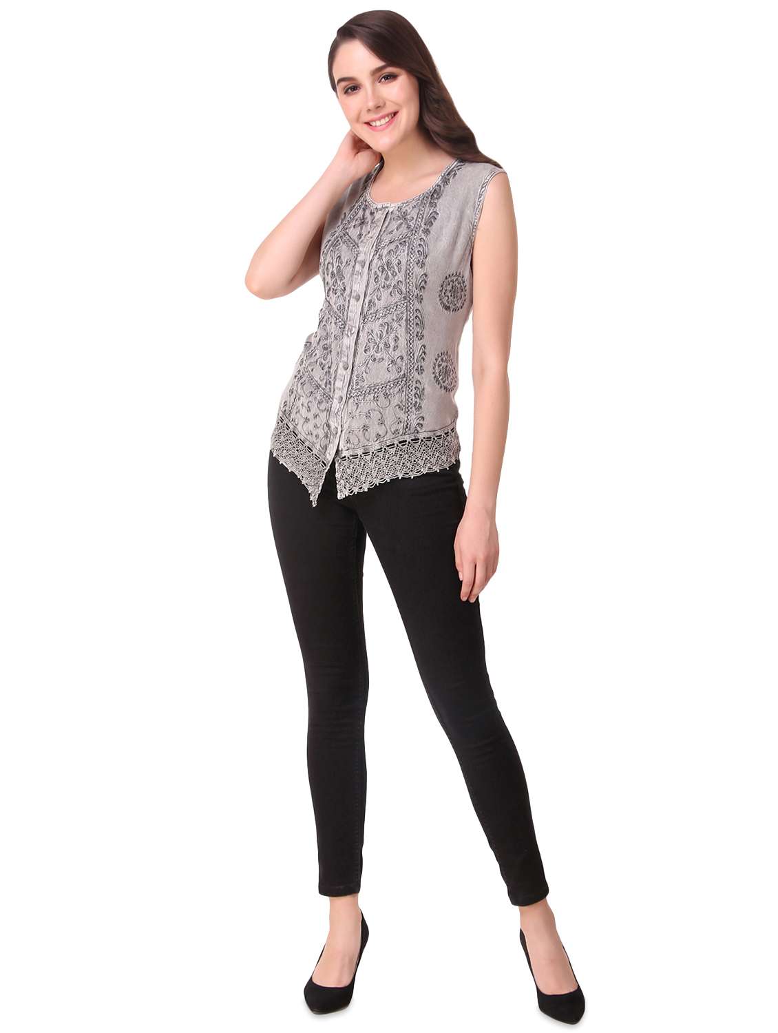 lace insert embroidered detail top - 16581529 - Standard Image - 3