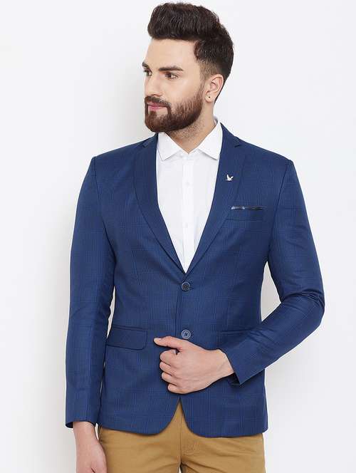 navy blue checkered single breasted casual blazer - 16584849 - Standard Image - 0