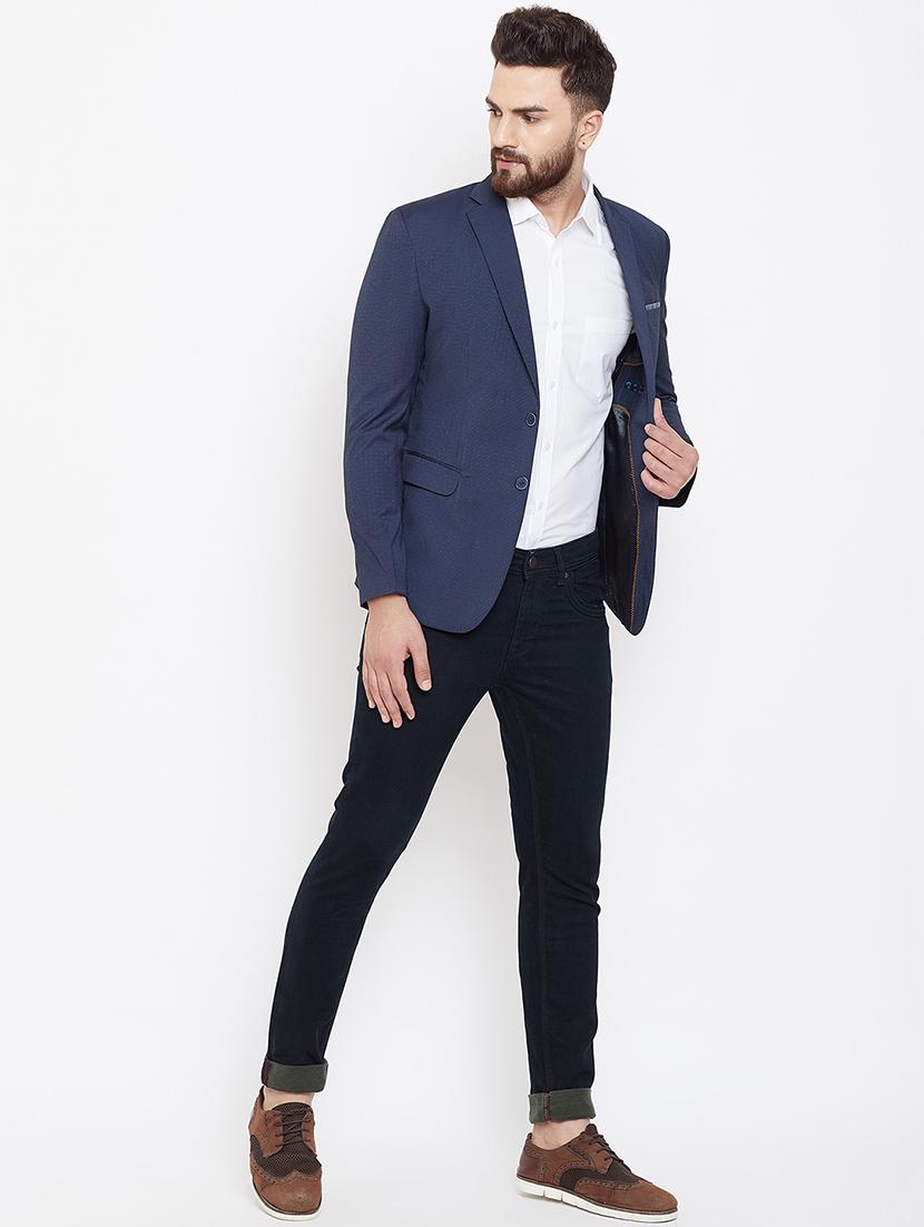 dark blue self design single breasted casual blazer - 16584851 - Standard Image - 3