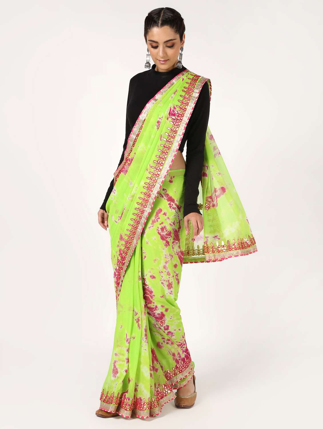 women's tie & dye neon colored saree with blouse