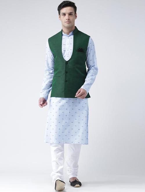 light blue printed kurta pyjama set with nehru jacket - 16595484 - Standard Image - 0