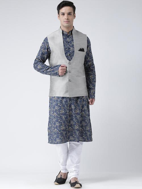 blue floral printed kurta pyjama set with nehru jacket - 16595489 -  Standard Image - 0