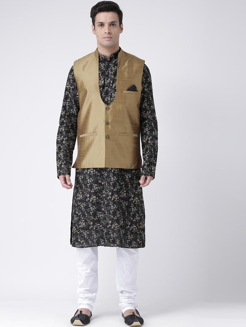 black floral printed kurta pyjama set with nehru jacket - 16595491 -  Zoom Image - 0