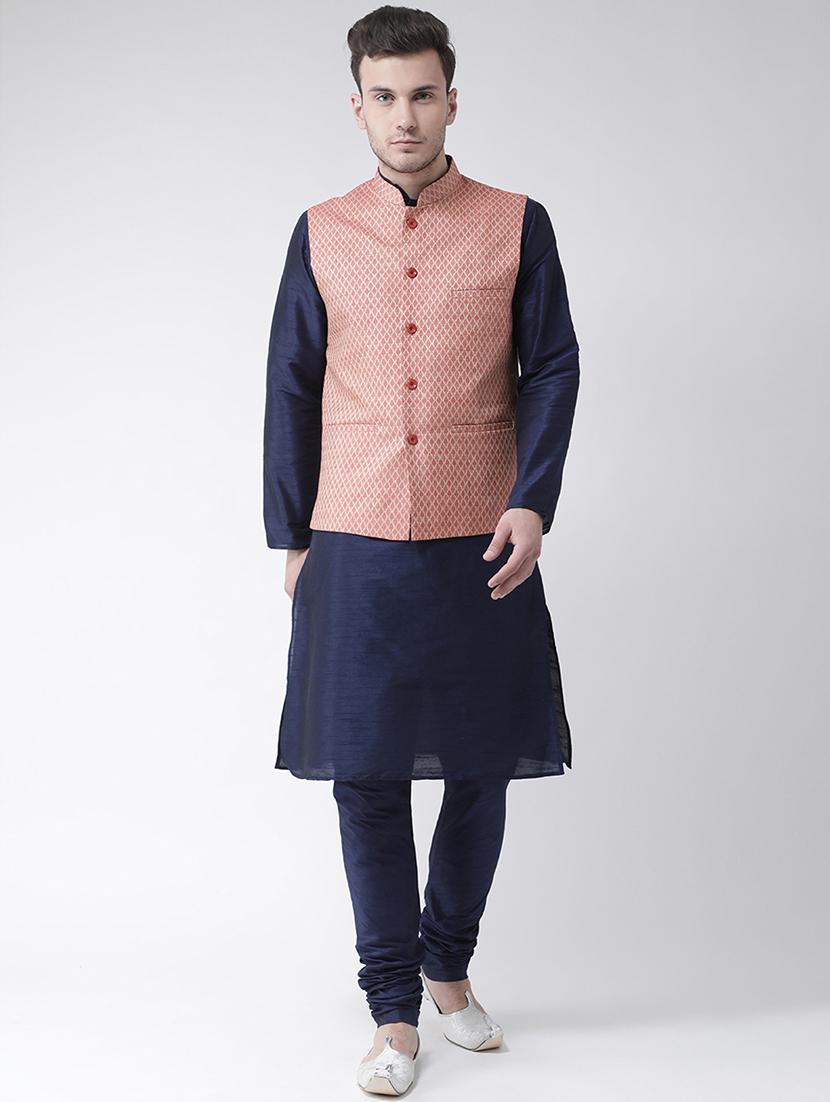 navy blue solid kurta pyjama set with nehru jacket - 16595498 - Zoom Image - 0