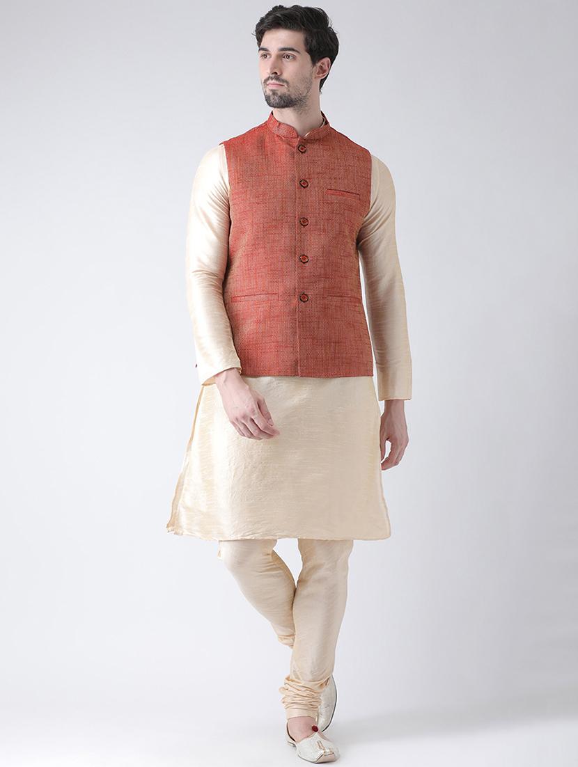 beige solid kurta pyjama set with nehru jacket - 16595546 - Zoom Image - 0