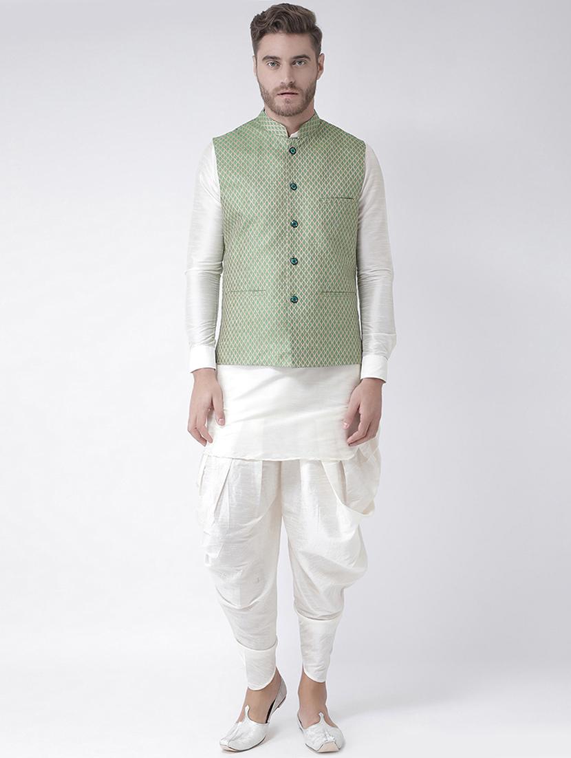 white solid dhoti kurta set with nehru jacket - 16595552 - Zoom Image - 0