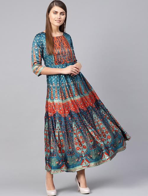 teal printed kalidar ethnic dress - 16599585 - Standard Image - 0