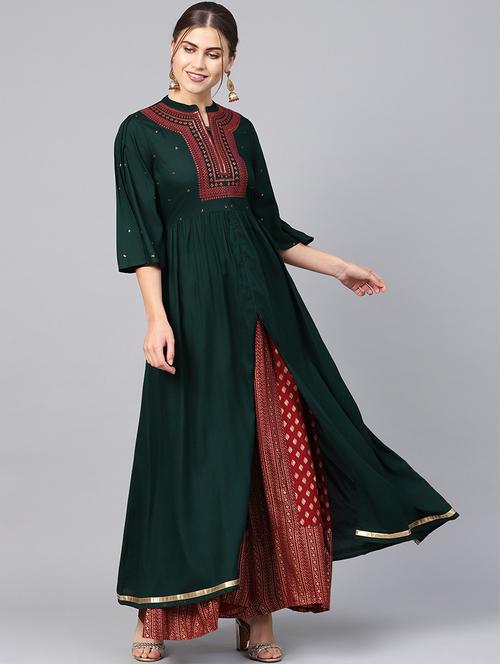embellished front slit kurta with foil print flared palazzo - 16599620 - Standard Image - 0
