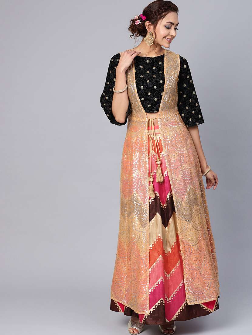 Buy online Net Sequins Embellished Long Shrug With Tie-up Dori