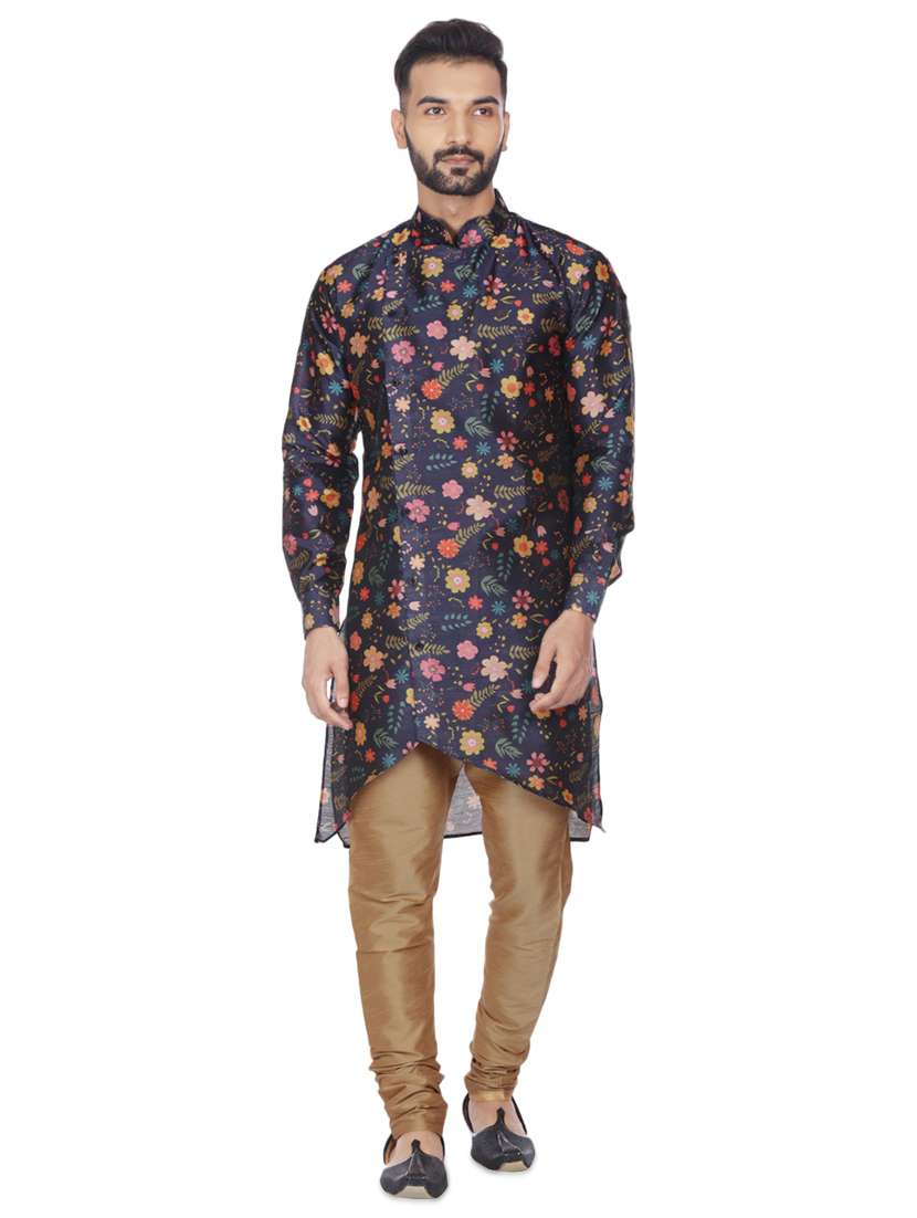 men navy blue floral print silk blend asymmetric kurta