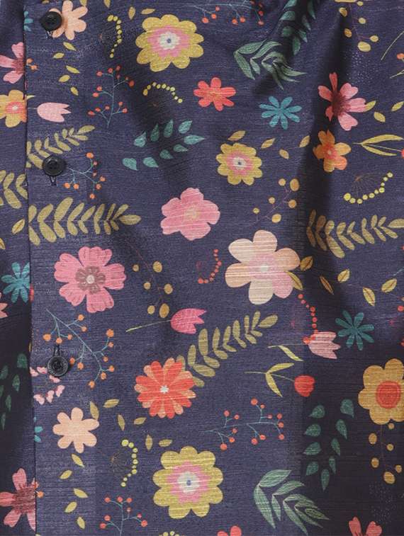 men navy blue floral print silk blend asymmetric kurta - 16599826 -  Standard Image - 3