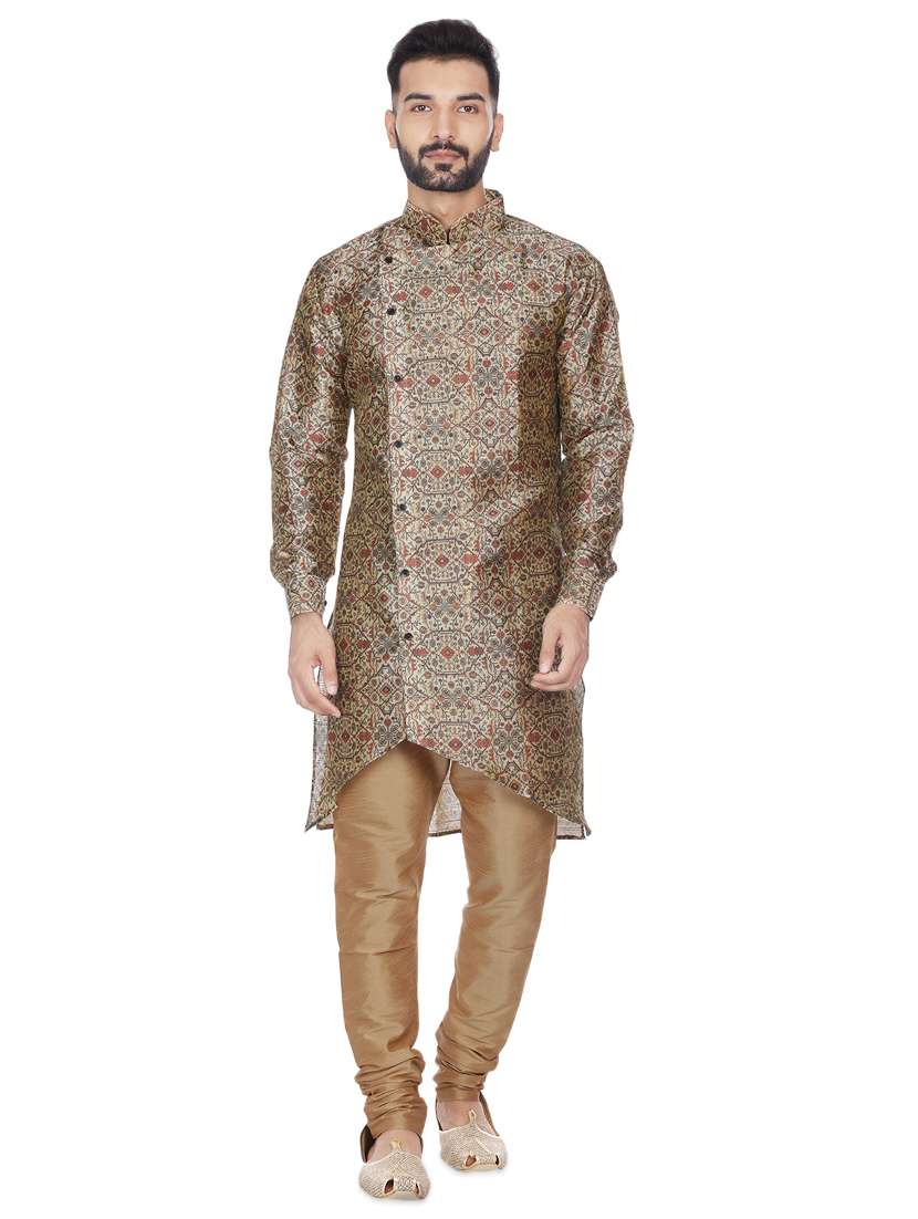 brown silk blend printed asymmetric kurta - 16599832 -  Zoom Image - 0