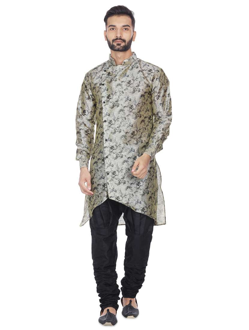 grey silk blend floral print asymmetric kurta
